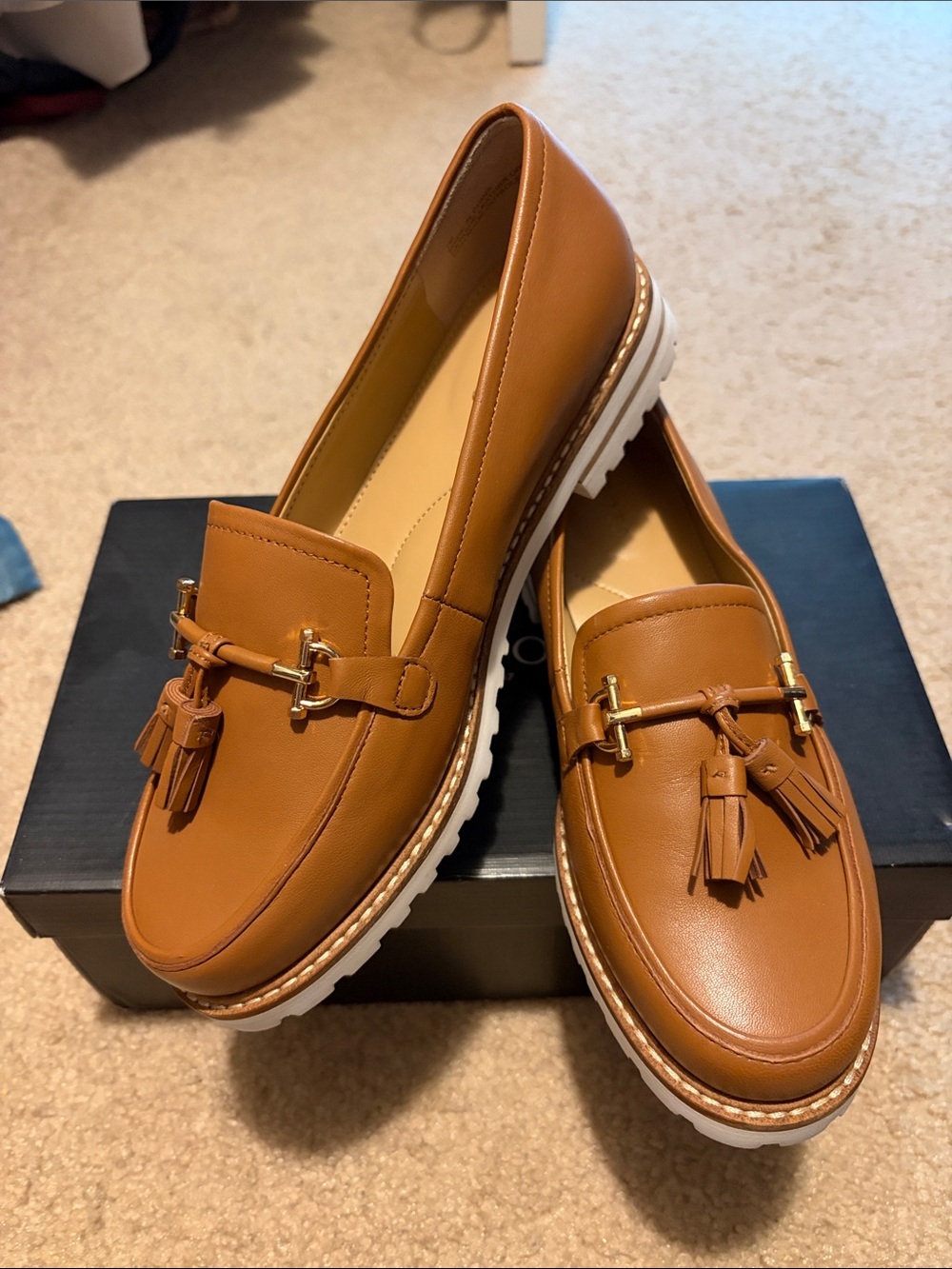 Talbots Cognac Tassel Loafers with White Lug Sole
